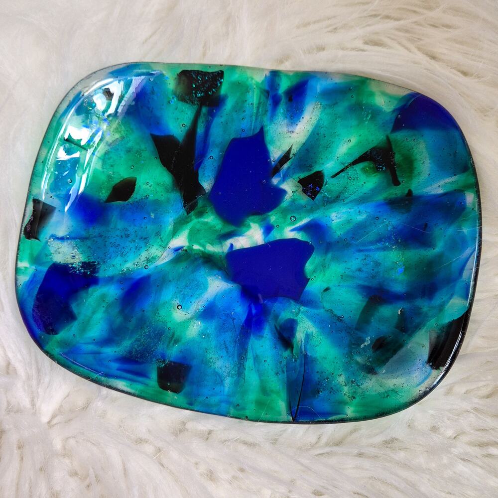 One of a Kind Fused Glass Art Tray Blue Green Abstract Decorative Platter
